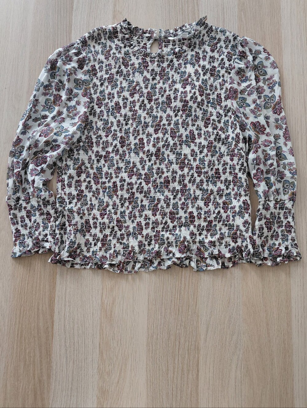 Veronica Beard Floral Smocked Blouse with Ruffled Hem